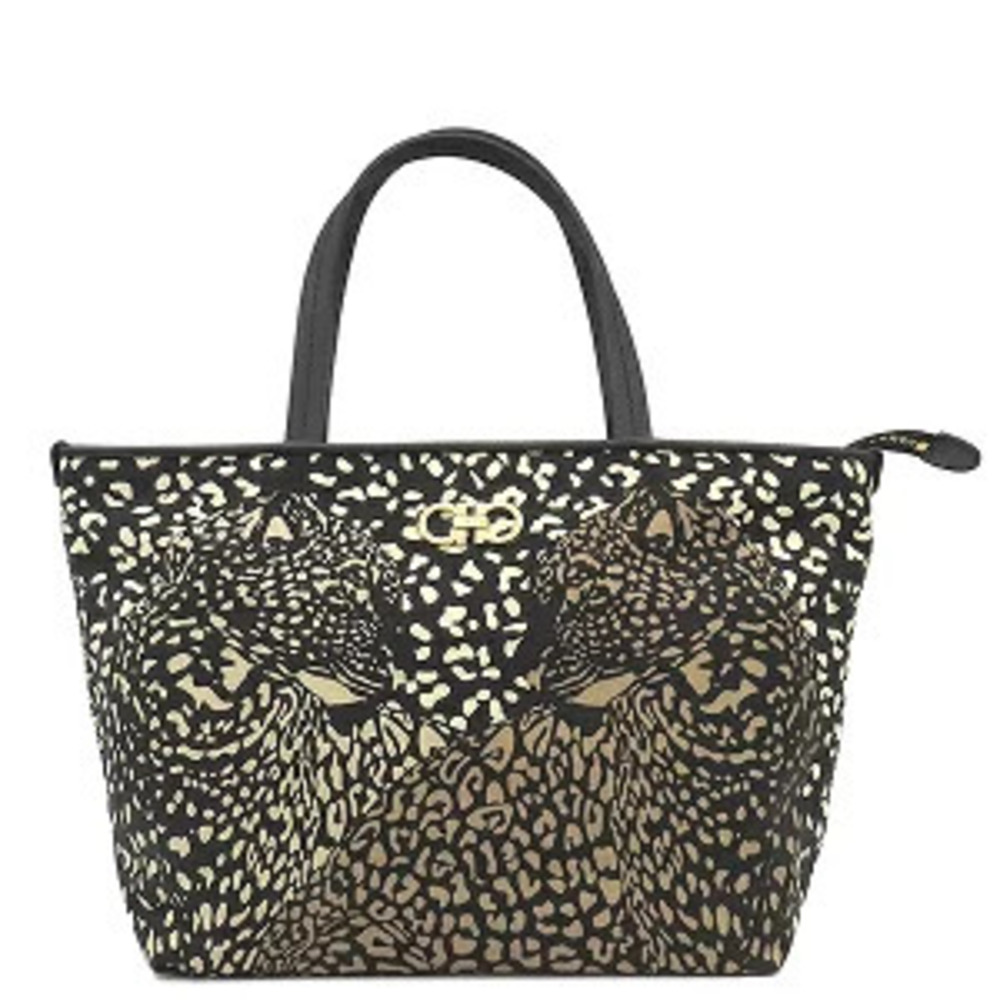 Salvatore Ferragamo Gancini Leopard Tote Bag Leather Black Multicolor